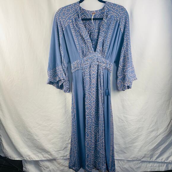 Free People Blue Lace Up Modern Kimono Dress Boho Peasant Size 0 - Picture 3 of 11